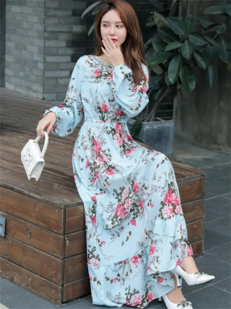 High Quality Muslim Long Skirt Floral Pullover Long Sleeve Waist Crew Neck A-line Dress Ethnic Clothing