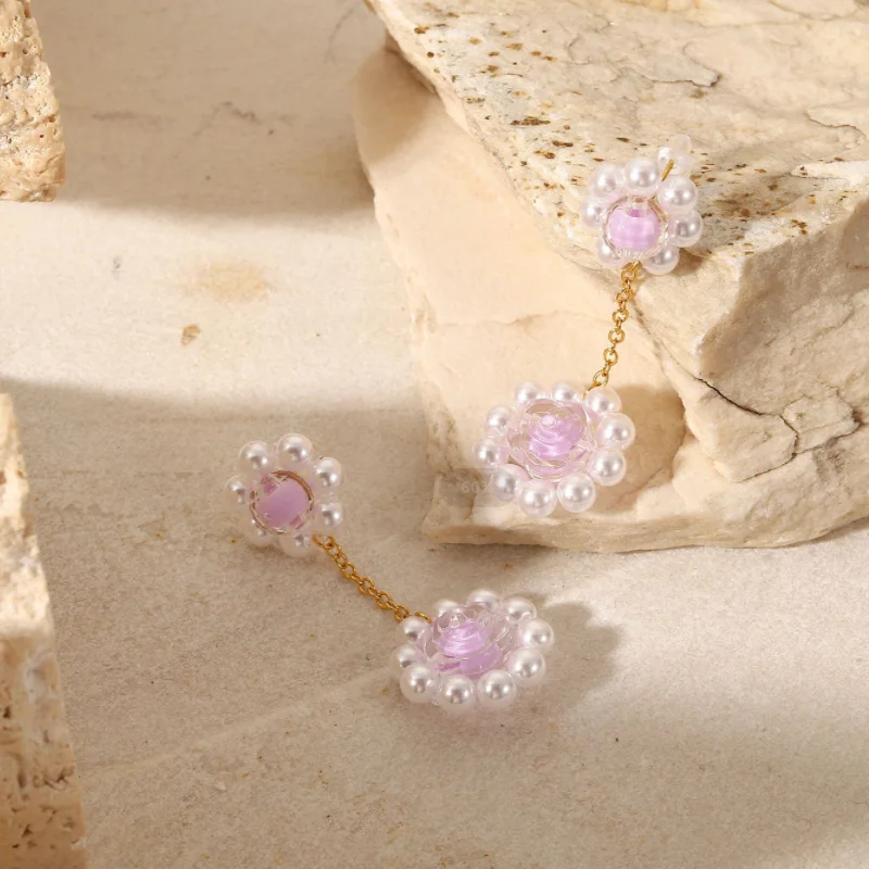 Vintage Design Handmade Flower Pearl Dangle Earring Stainless Steel Knit  Purple Crystal Flower Earring