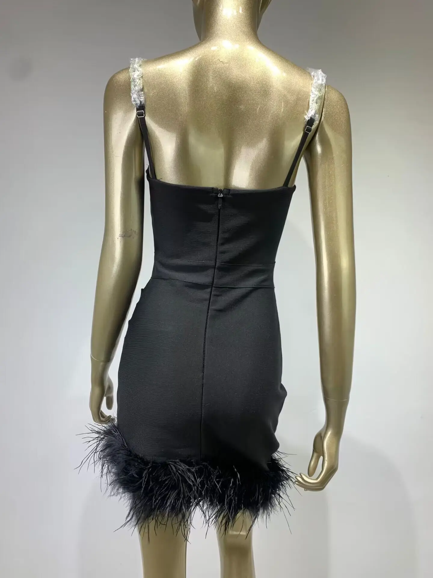 Hot Sale Bandage Skirt European American Fashion Long Tight-Fitting Pleated Feather Stitching Solid Print Mesh Dress