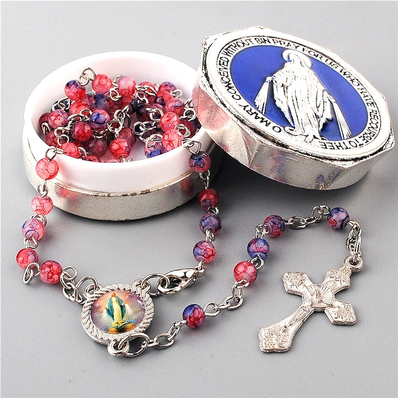 Crucifix Pendant 4mm Glass Imitate Cloisonne Beads Small Rosary Catholic Necklaces with Mini Virgin Mary Center Piece
