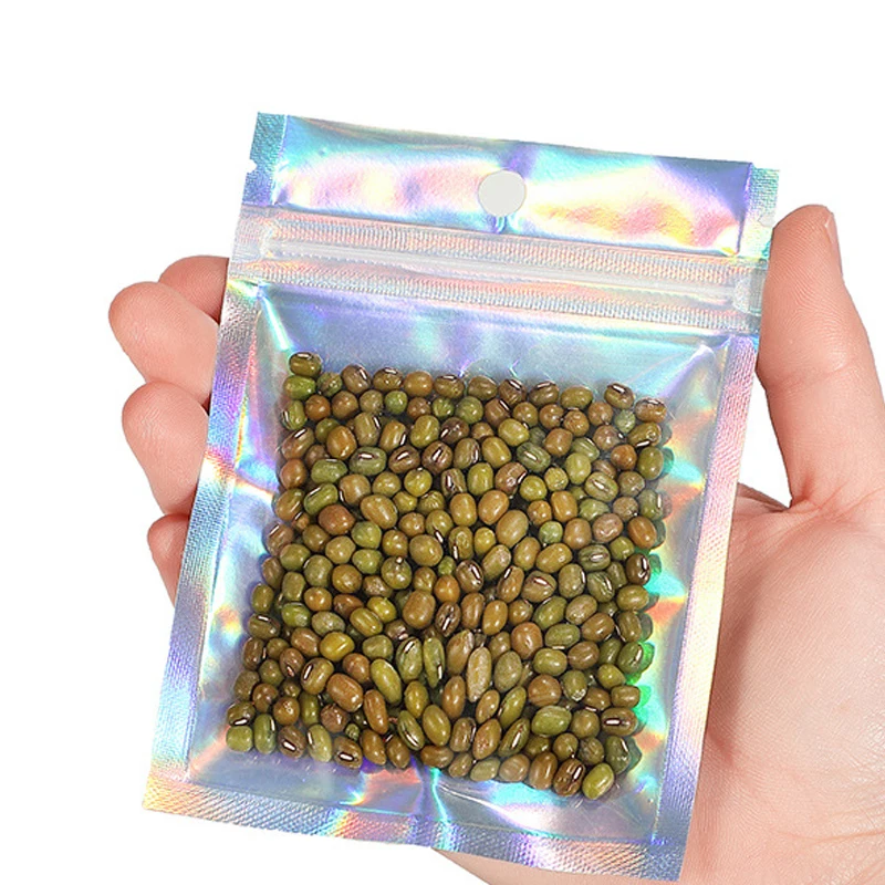 New Reusable Custom Printed Rainbow Flat Clear Zipper Holographic Smell Proof Aluminum Laser Plastic Small Mylar Bags