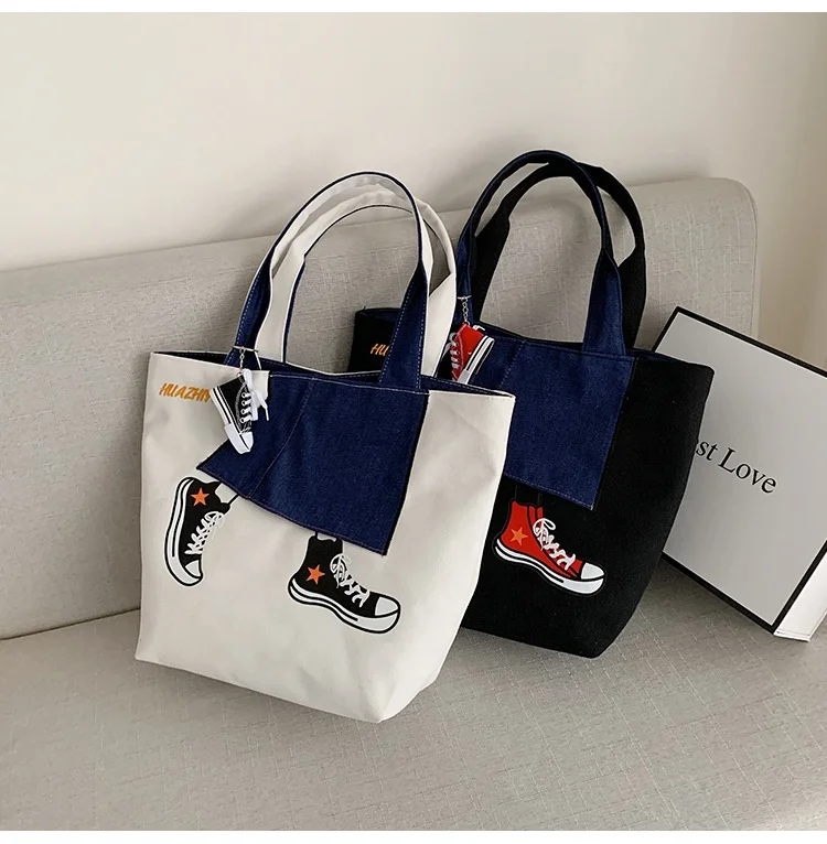 Large Capacity Individuality Inner Patch Pocket Embroidered Letter Logo Canvas Weekend Ladies Satchel Handbag Shoulder Tote Bag