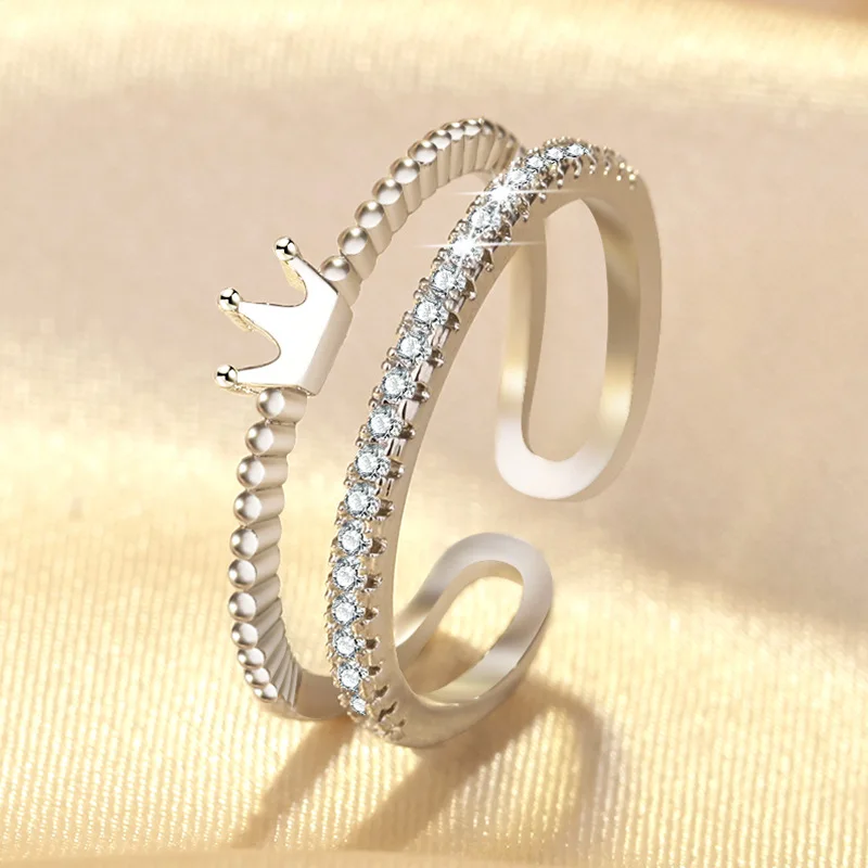 Japanese sweet crown double layer ring girl ring fashion ring opening design