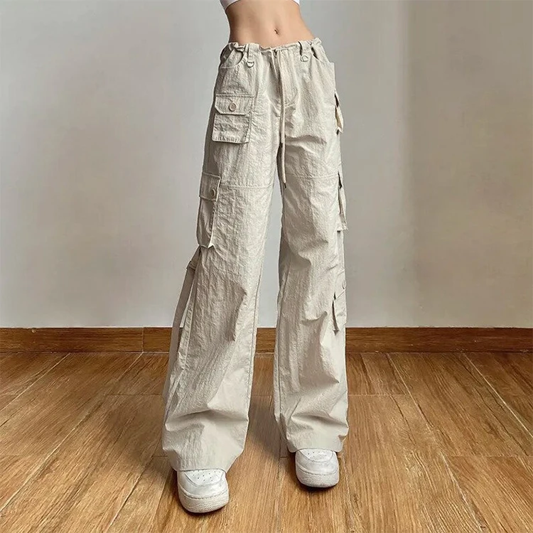 Custom OEM Manufacturer Vintage Pockets High Waist Streetwear baggy Casual ladies Long parachute Cargo Pant for women Trousers