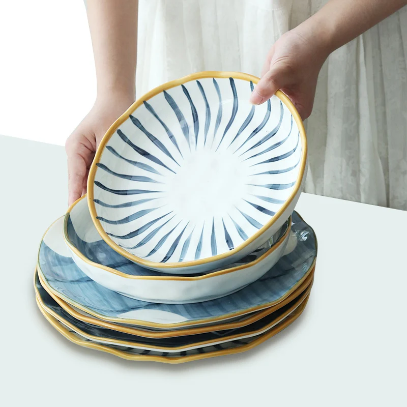 
Japanese glaze color dish set household ceramic cutlery set creative hand-painted rice bowl plate combination tableware 