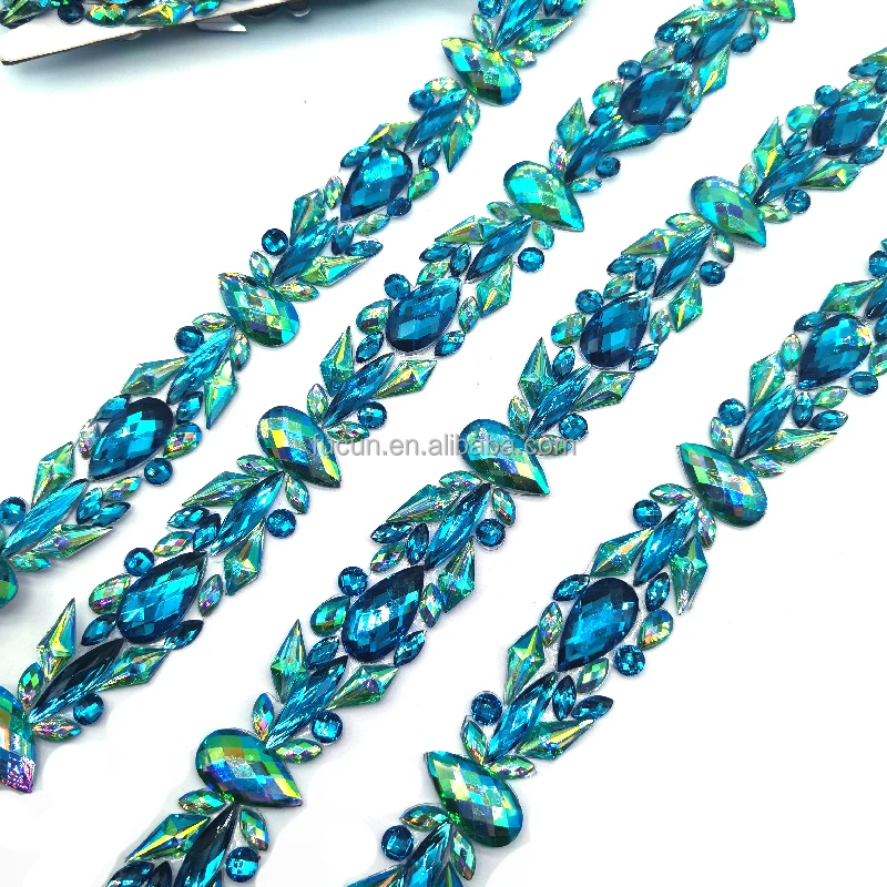 Customized Designs Hot Fix Rhinestone Fabric Mesh Crystal Rhinestone Appliques Iron On Trims For Carnival Band Club Wear Dress