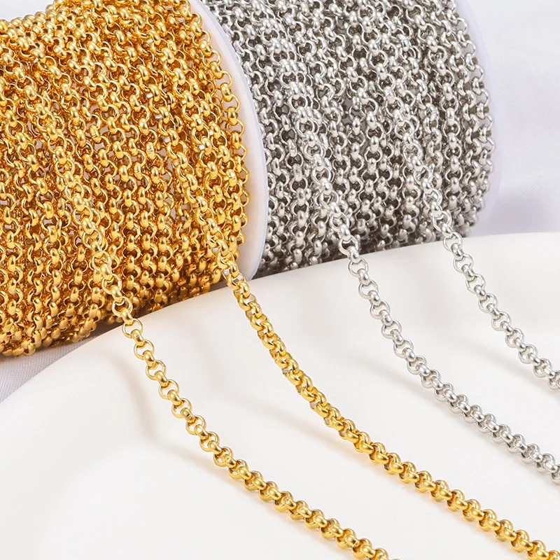 Permanent Jewelry Stainless Steel 18K Gold Plated Round Pearl Link Chain Necklace Round Box Chain Round Circle Rolo Chain