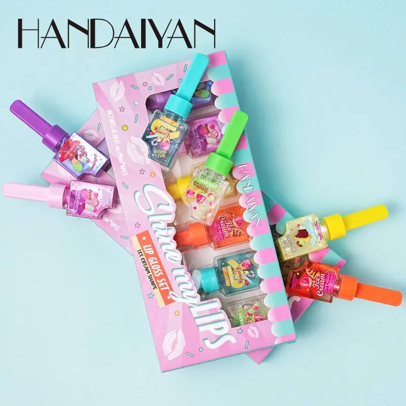 High Quality 6Pcs/set Cute Ice Cream Design Lip Stain Glitter Lip Gloss Color Changing Moisturizing Liquid Lipstick Set Lip Oil Makeup Kit
