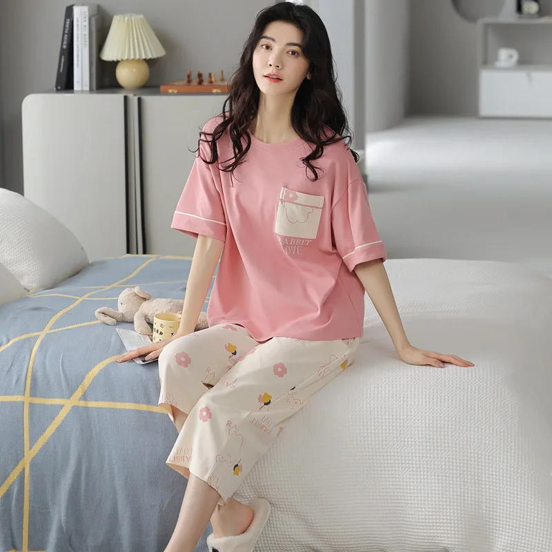 Wholesale sales 2024 summer cotton pajamas women short sleeve capri pants sweet casual summer comfortable home wear two sets
