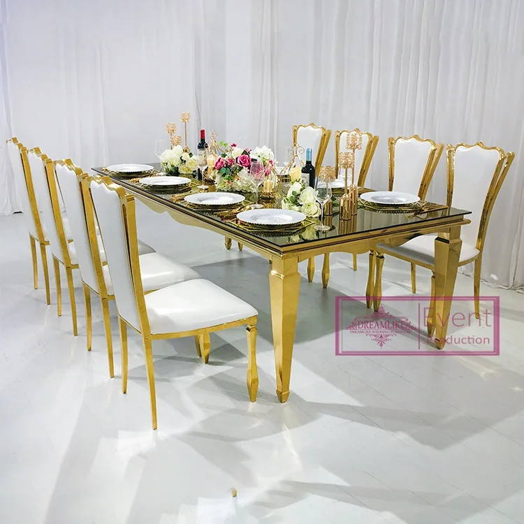 12 seater glass top silver metal table design and chairs for wedding dining
