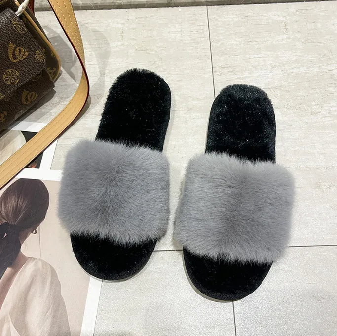 wholesale ladies dressing  fashion open toe fur flip-flops furry home  house slides slippers  women flat slippers