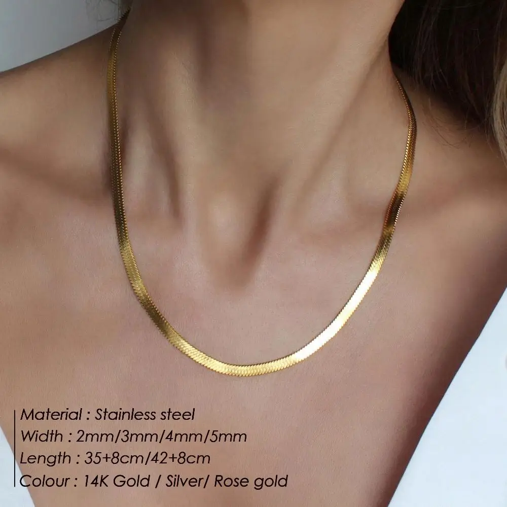 Trendy 14k Gold Plated Stainless Steel Necklace Flat Snake Chain Clavicle Blade Necklace Jewelry for Hip Hop Accessories