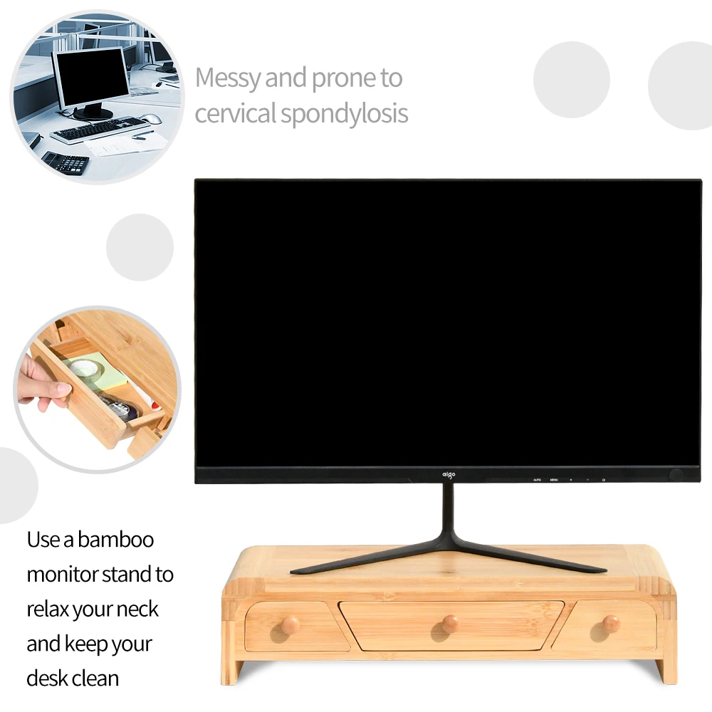 Wood Desktop Laptop Riser Bamboo Laptop Monitor Riser Desktop Stand Holder with Storage Drawer