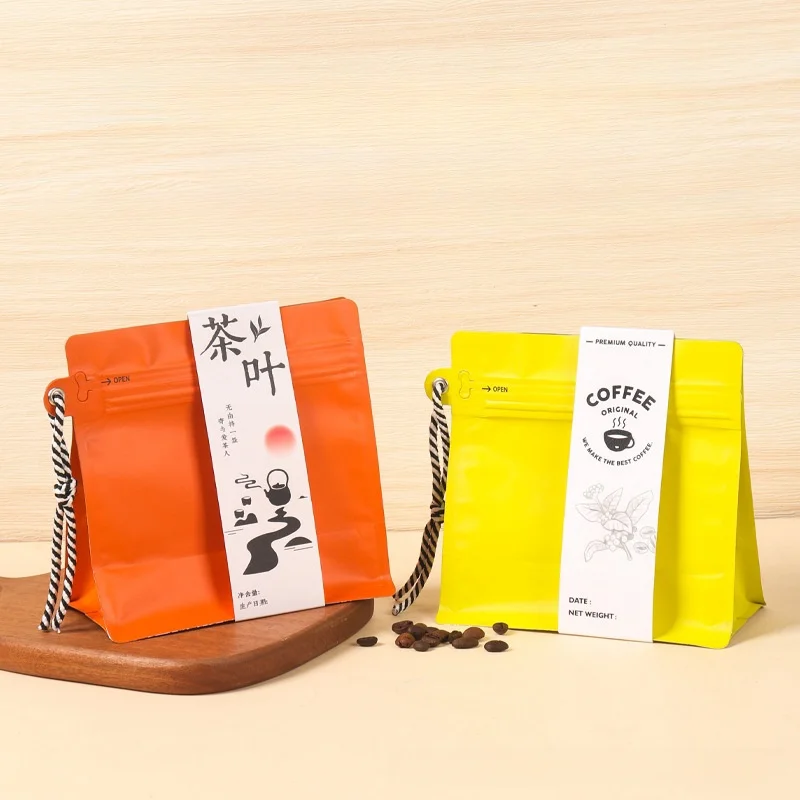 Custom Packaging Colored Valve Coffee Beans Resealable Bag 500G 250G 200G 100G Flat Bottom Zipper Stand Up Pouch With Lanyard