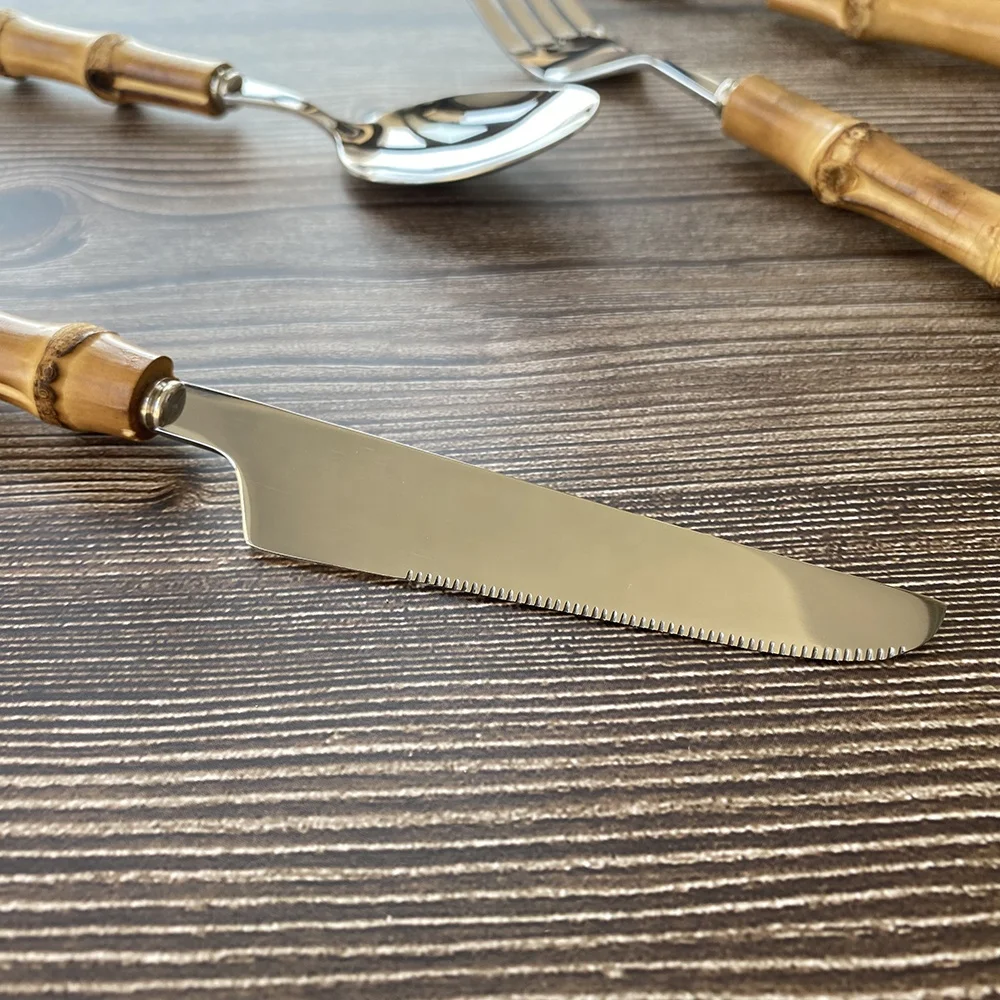 Snyno 100% Natural Bamboo Handle Flatware Set 304 Stainless Steel Spoon Fork Knife Bamboo Handle Cutlery