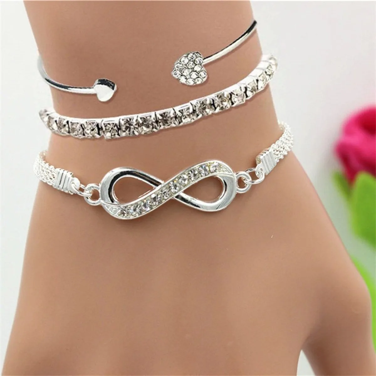 3pcs/set Niche Infinite 8-figure Bracelet Fashion Flat Snake Chain Diamond Infinite Symbol Open Bracelet For Women
