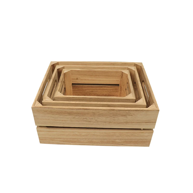 Home Decor Handmade 3 pcs Stackable Vegetable Fruit Open No Lid Organizer Paulownia Wooden Storage Crate Box