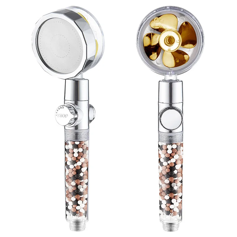 High pressure water saving 360 degree rotating bathroom fan shower head with one key water stop button anion stone filter