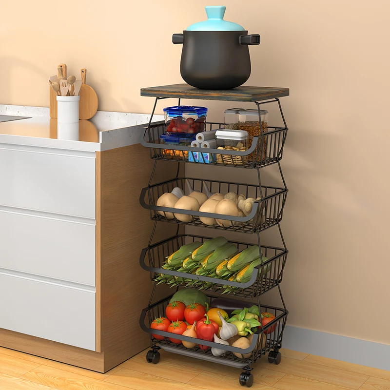 Home Mobile Vegetable Fruit Food Storage Basket Rack Kitchen Cart Trolley with Wheels