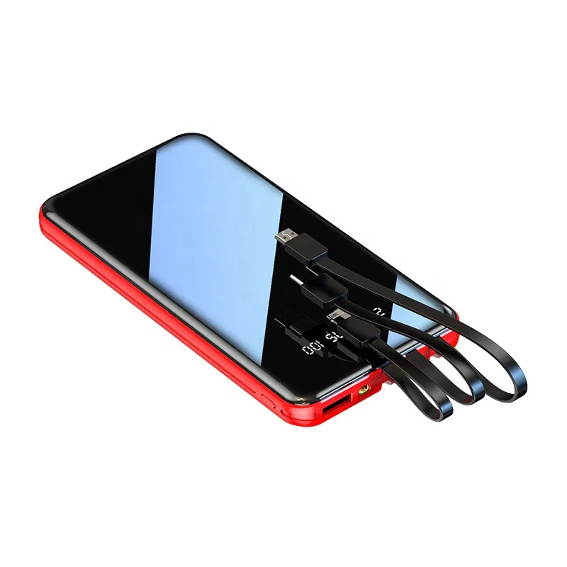 
2020 New Design New Powerbank 10000mah Full-Mirror Built-in 3 Cables Portable Mobile Phone Charger With Phone Holder 