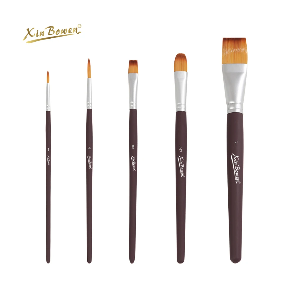 Xin Bowen Master Paintbrush 5 Pieces Matte Brown Pure Wood Handle Artist Painting Brush For Watercolor Acrylic And Oil Drawing