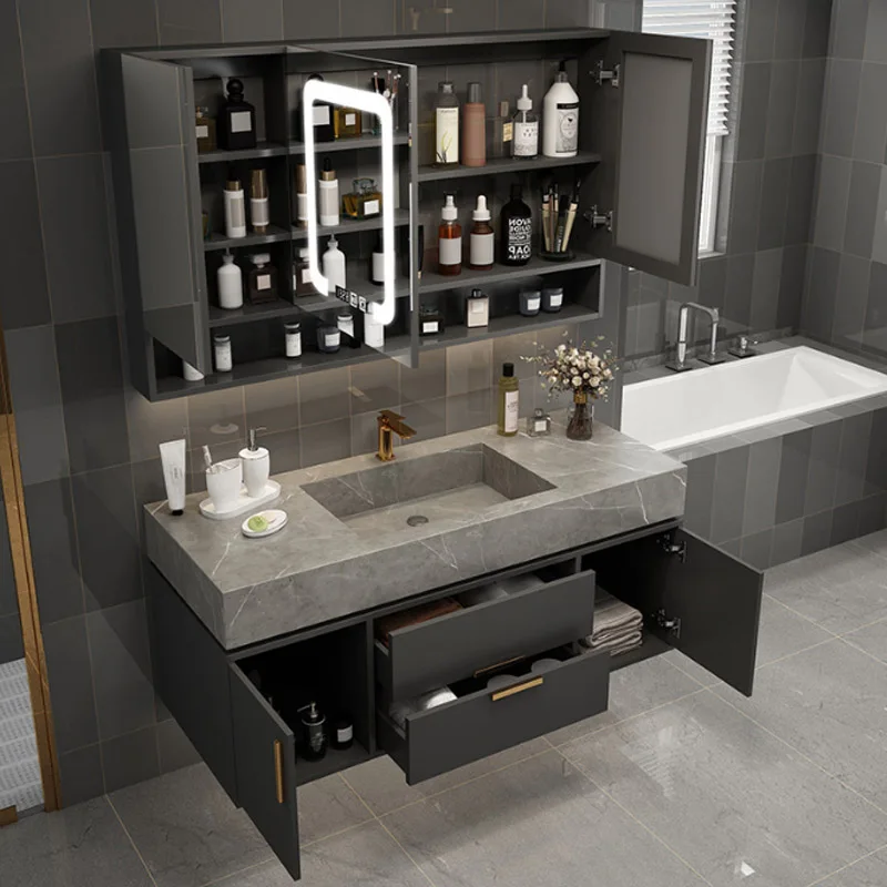 2024 New solid wood OEM rock panel countertop basin bathroom cabinet LED mirror storage cabinet ceramic basin