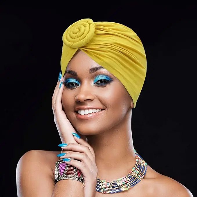 Women African Turban Flower Knot Pre-Tied Bonnet Beanie Cap Headwrap