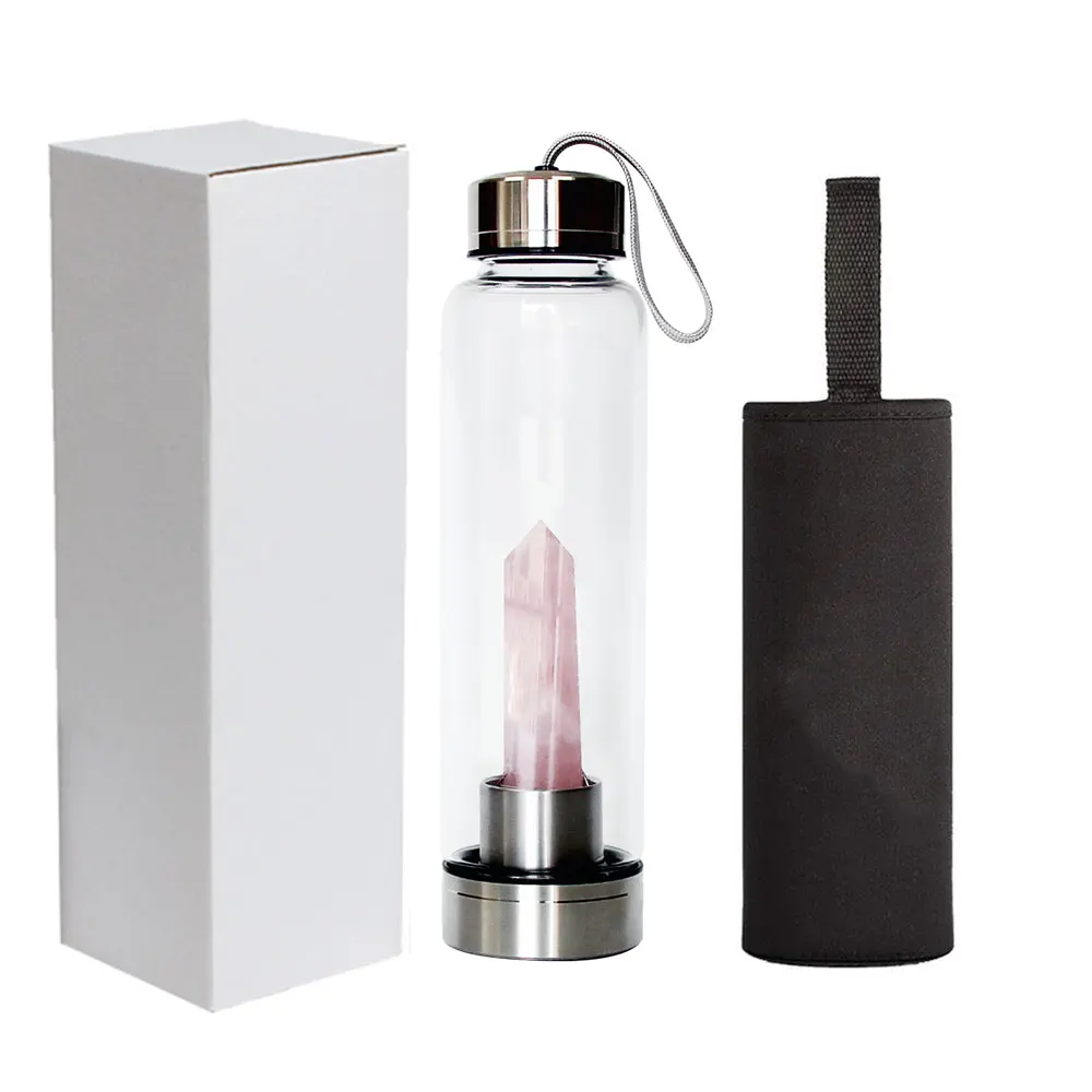 Private Label Rose Gold Healing Natural Gemstone Quartz Infused Elixir Glass Crystal Water Bottles