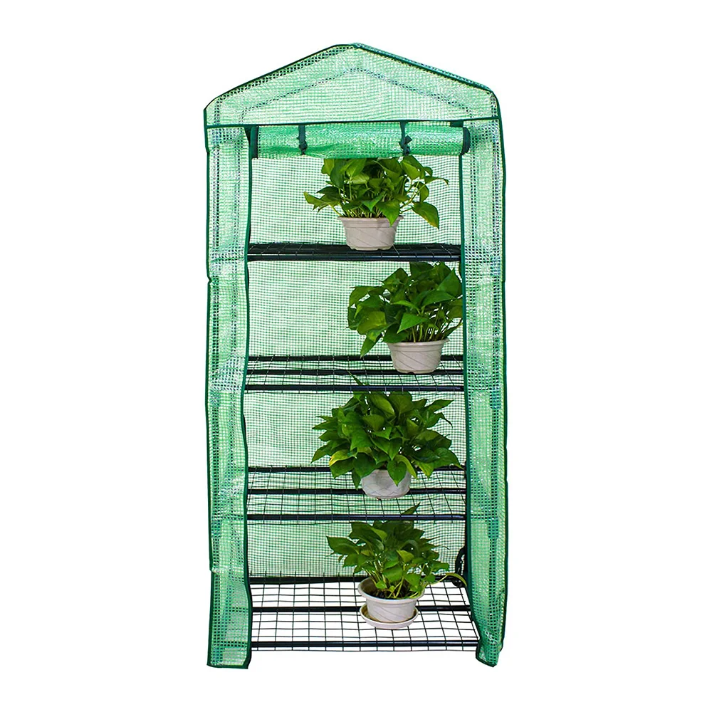4-Tier Mini Greenhouse Portable Plant Flower Shelf Tent w/PE Cover Roll-Up Zipper Door for Lawn Patio Garden Indoor Outdoors