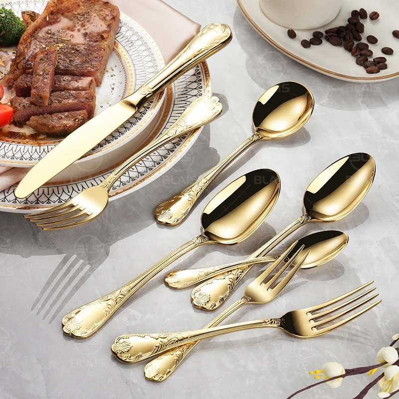 Fancy retro gold flatware set wedding bulk silverware high quality luxury metal golden plated 304 stainless steel 18/8 cutlery