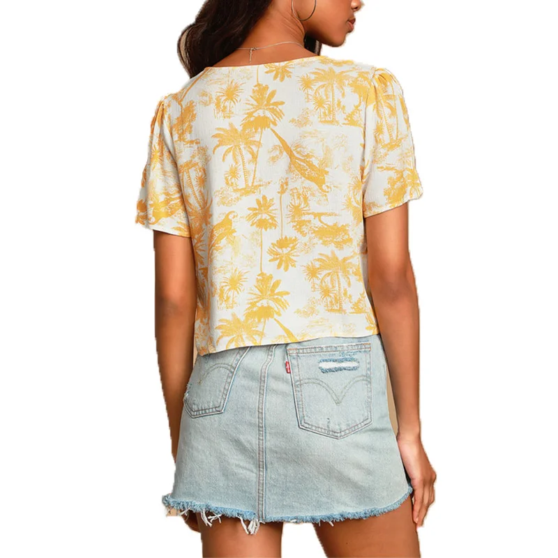 
Summer beach style, yellow coconut tree print V-neck blouse with short sleeves and buttons 