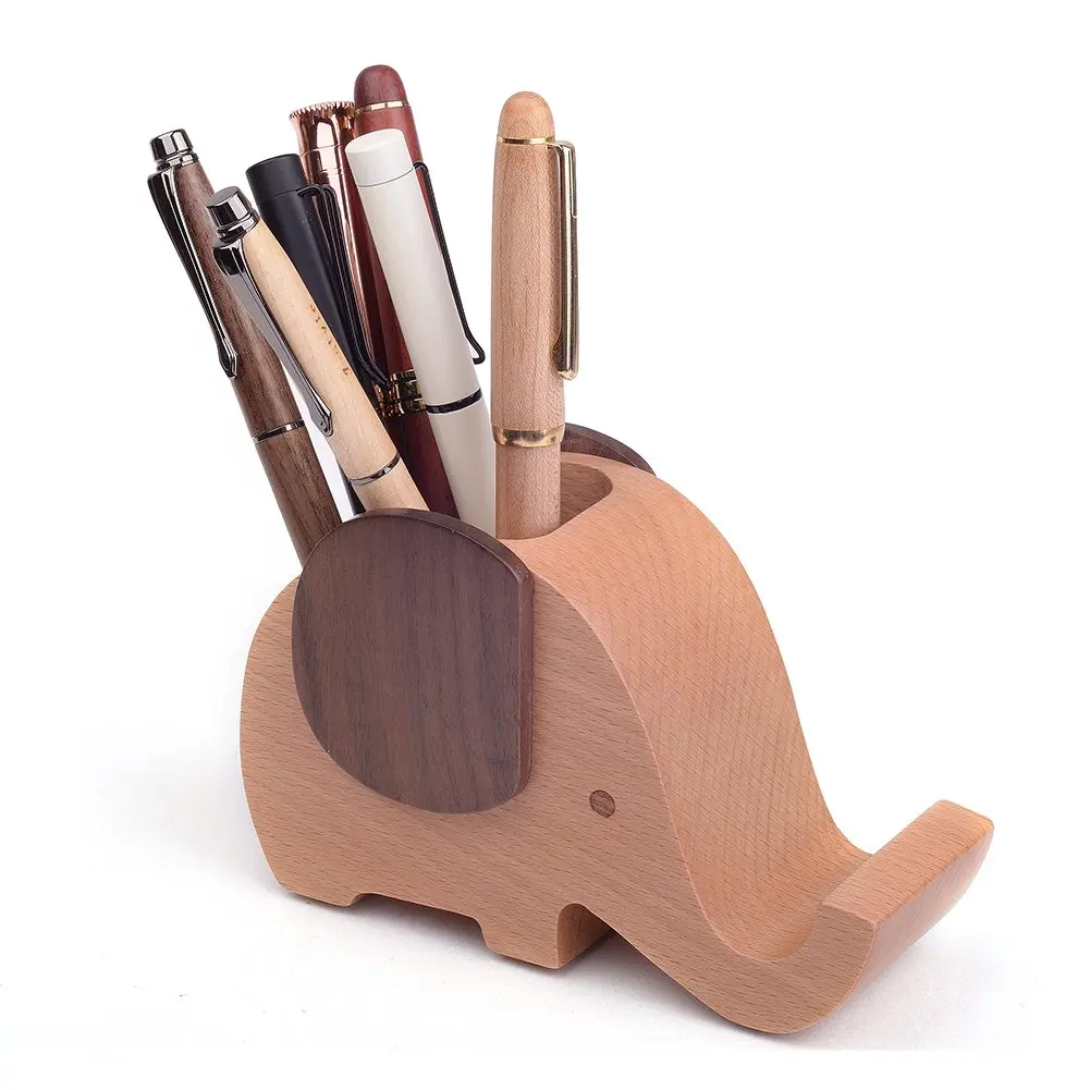 Elephant-Shaped Wooden Desk Organizer with Pen Cup and Pencil Holder Cell Phone Stand for Decorative Purpose