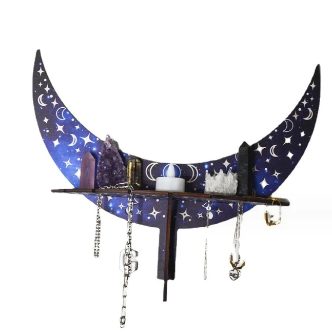 Wooden Moon Shape wall rack Storage Ramadan Wall Mount 3d Home Decor Jewelry Display Necklace holder for eid decoration