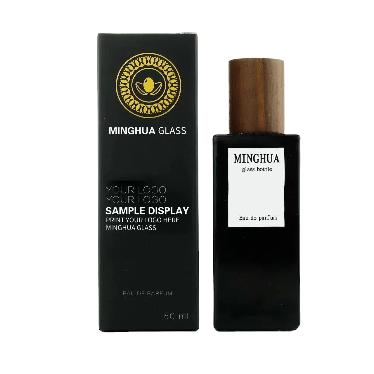 High-Quality Black 50ml Glass Perfume Bottles with dark wood caps and Sprayers - Wholesale Prices