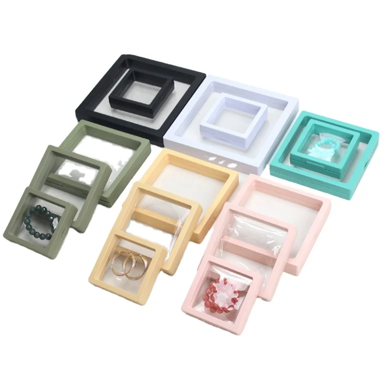 Colorful 3D custom Packaging Free Stand Plastic Floating Frame Memmbrane PE Film Display Gift Jewelry Box