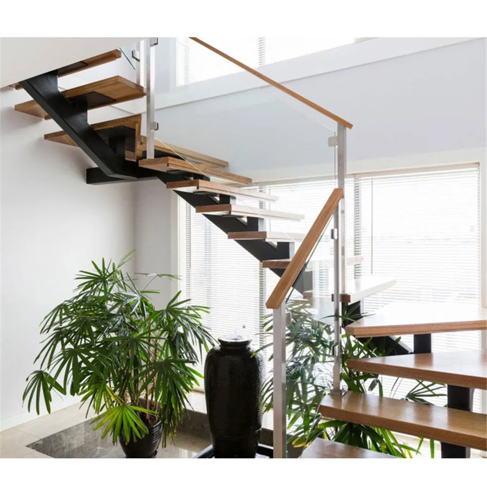 CBMmart Top Selling Modern Design Black Stringer European Beech Solid Wood Tread Glass Railing Staircase Stairs