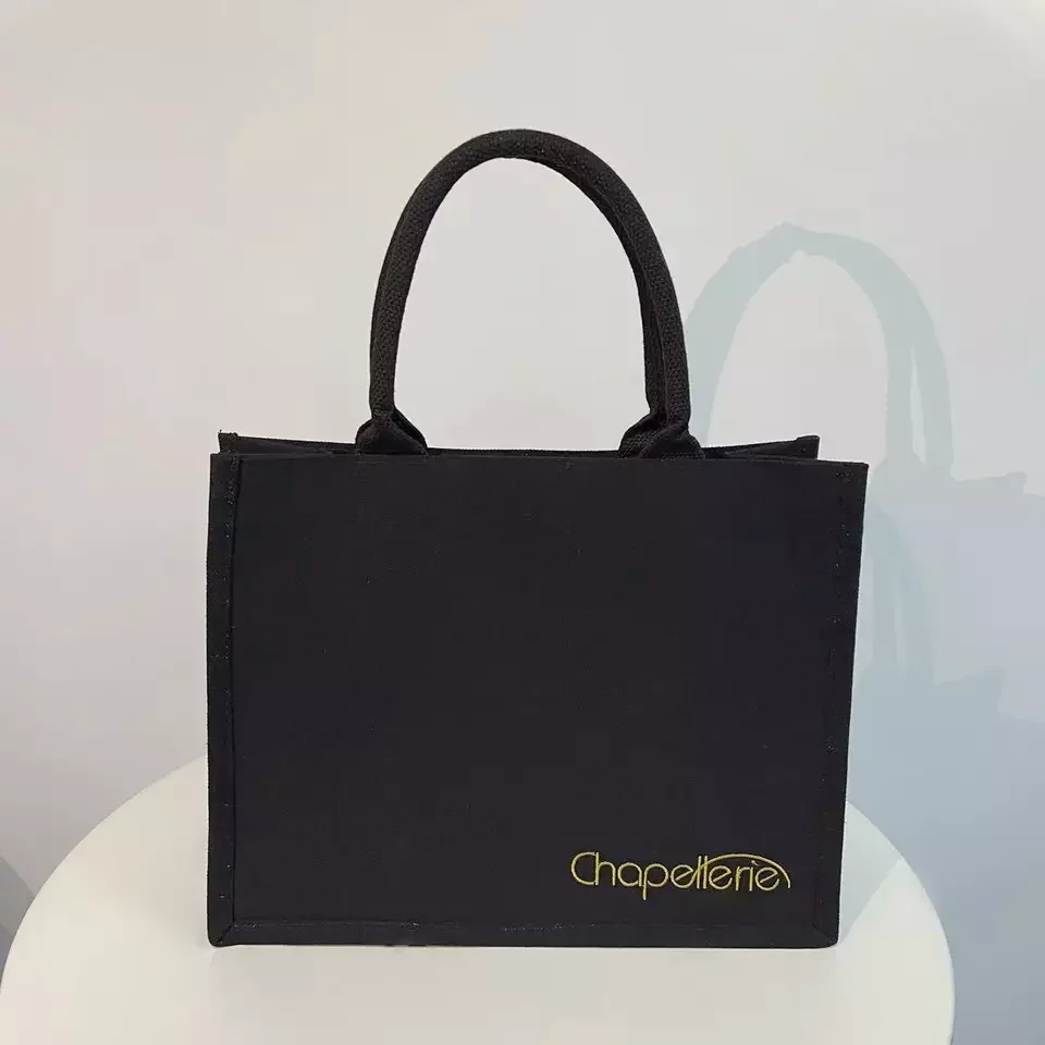 Personalized Custom Logo Waterproof Tote Bag Black Color Jute Shopping Bag Eco Friendly Portable Handbag Gift Bag