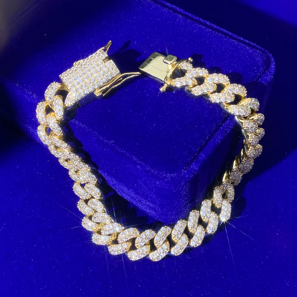 15mm Mens White Gold Diamond 18k Glod Plated Cuban Link Chain Bracelet For Men