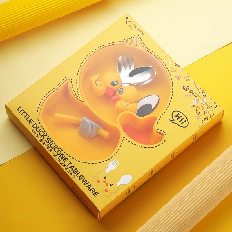 Cartoon Carrot Duck Penguin Corn Baby Silicone Feeding Plate Bowl Fork 5 Pieces Set