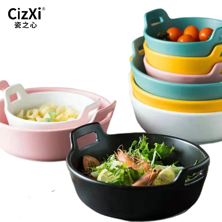 Ready Stock cheap color glazed heat ceramic salad bowl soup bowl with two handles for home hotel restaurant