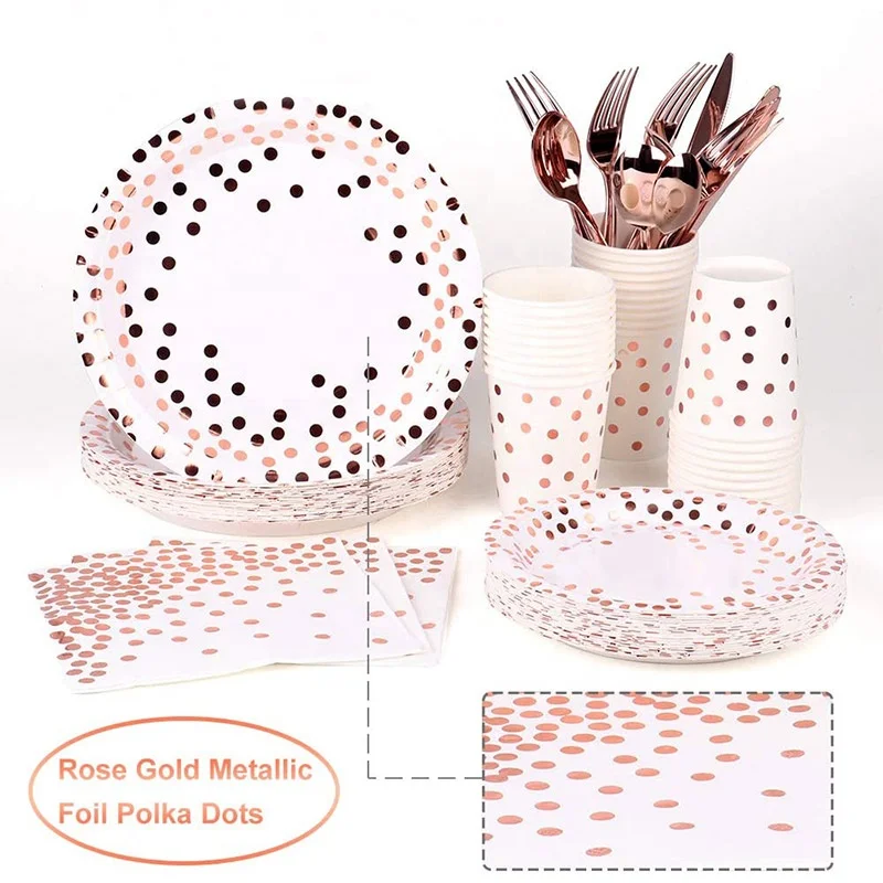 RUI YI 216 PCS 25 Guests Elegant Rose Gold Paper Plates Rose Gold Party Plates party dinnerware set