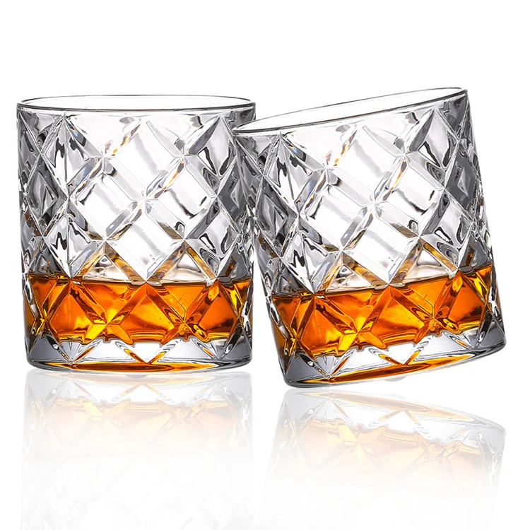 Free Sample Lead Free New Crystal Diamond Shaped Round Bottom Whiskey Glass Drinking Cup Diamond Rotation Whiskey Glass