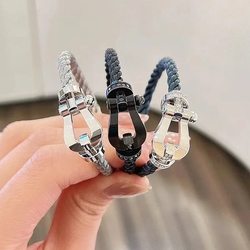 Horseshoe buckle red rope Fred wire rope bracelet men and women rose gold this year couple diamond-studded DIY hand rope