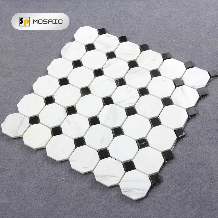 Black Dot Thassos White Marble Polished Mosaic Italian Carrara Marble Floor Tile Octagon Black and White Stone Mosaic 298*298mm