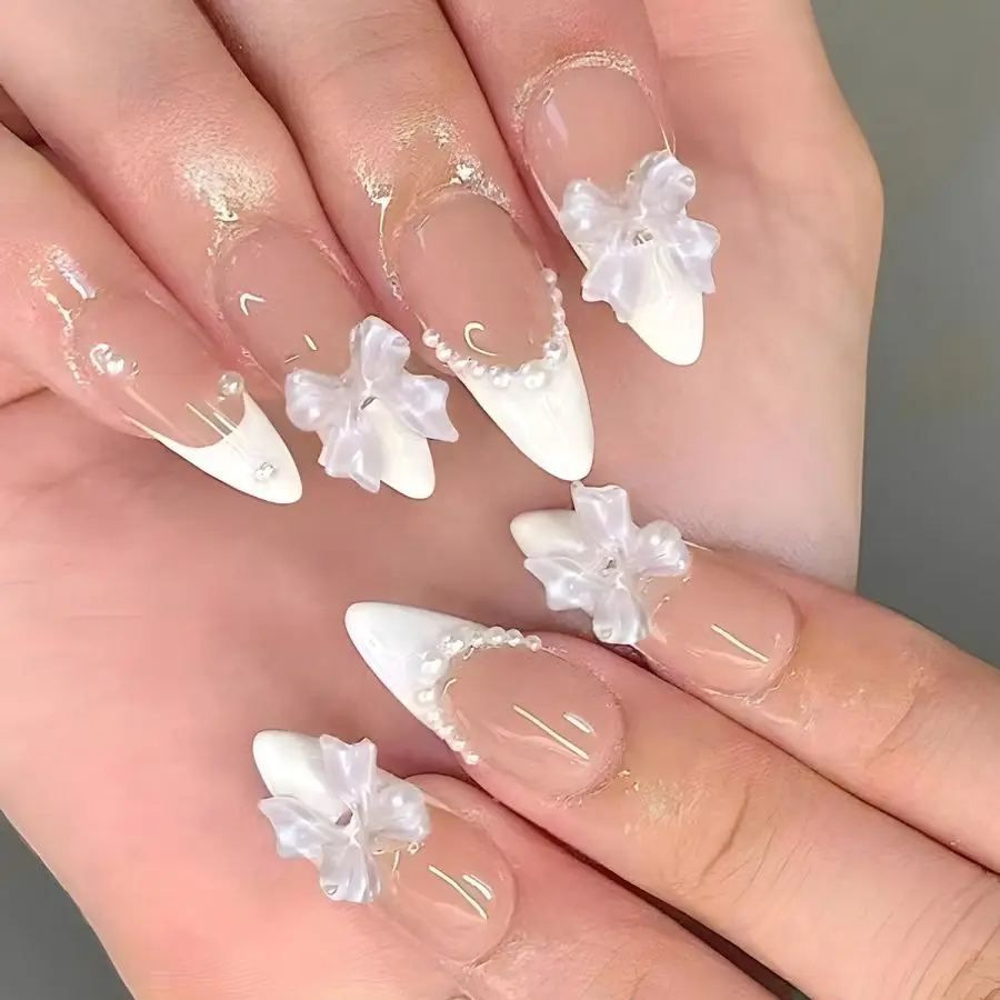 24PCS White French press nails women and summer press on nails white nails press on Wholesale