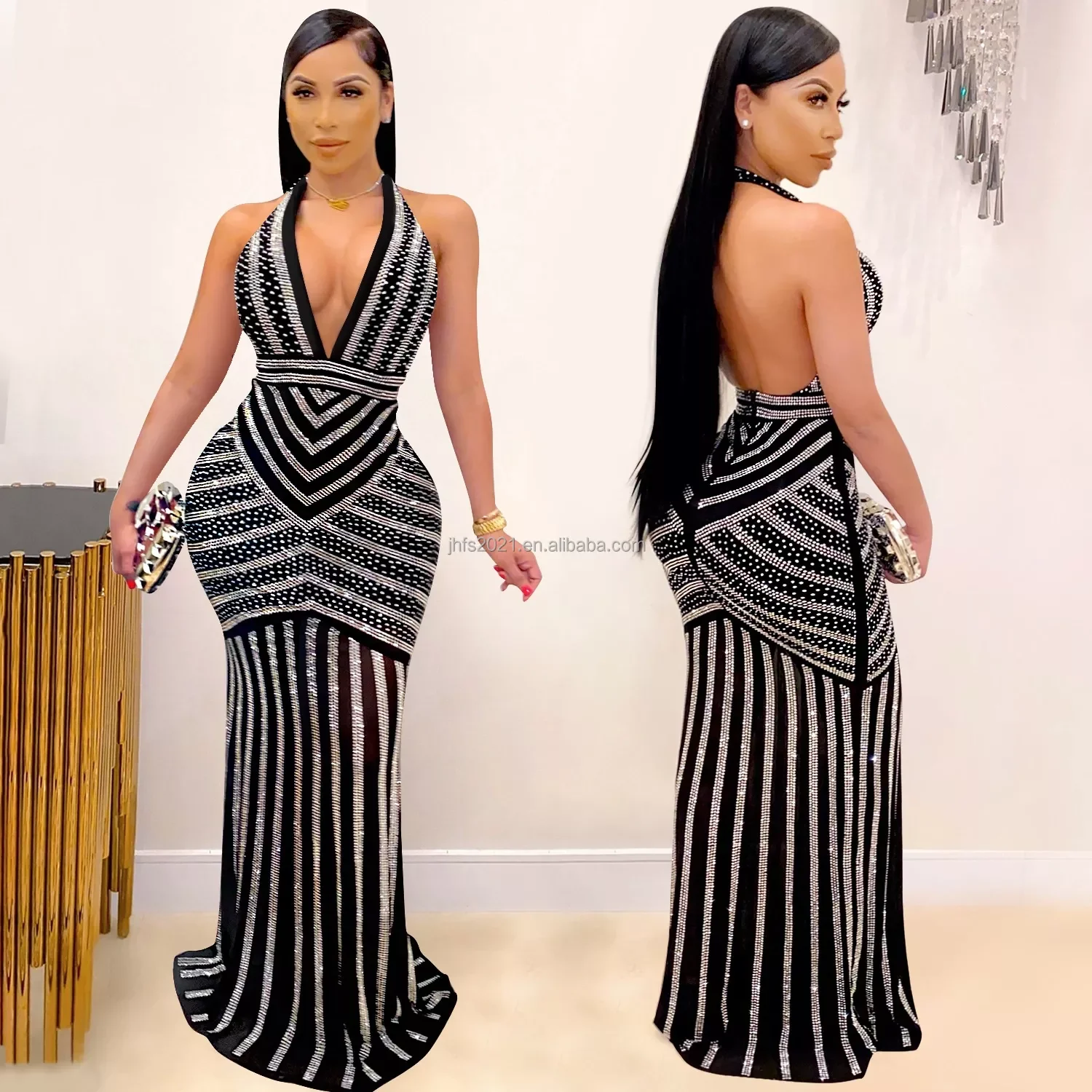 J&H Fashion New Shiny Sleeveless Deep V Neck Halter Backless Long Dress Prom Dresses Drill Party Wear Club Outfit