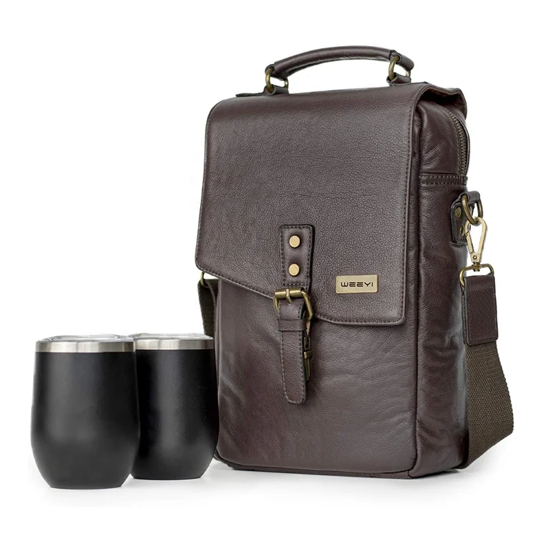 CHANGRONG Custom 2 Bottle Leather Travel Wine Carrier Tote Bag Insulated Genuine Leather Wine Bag