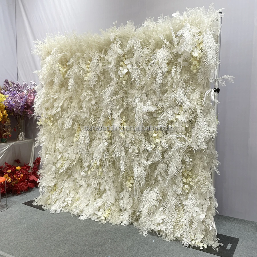 Sunwedding Customized Long Drapery Cream White 3D Hairy Feather Flower Wall With Butterfly Orchid Roll Up Floral Wall