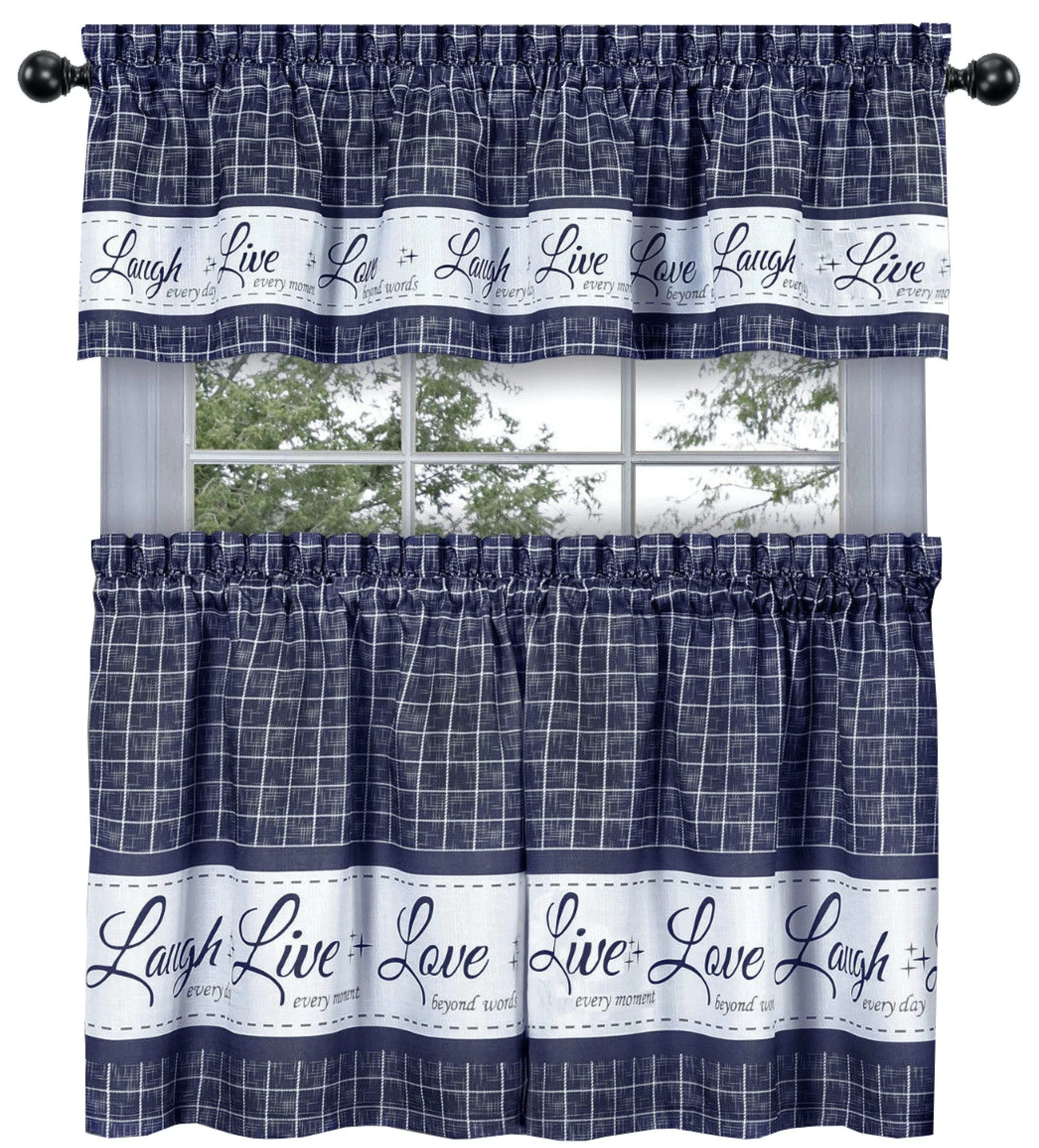 Bindi Country Gingham Check Live Laugh Love 3 Pc Cafe Plaid Grey Black Out Window Kitchen Curtain Set