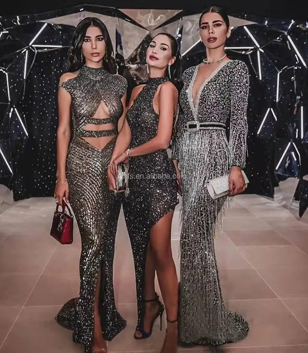 J&H 2022 new design high quality deep v neck sexy cocktail dresses ladies elegance sequin fringe mermaid evening gown